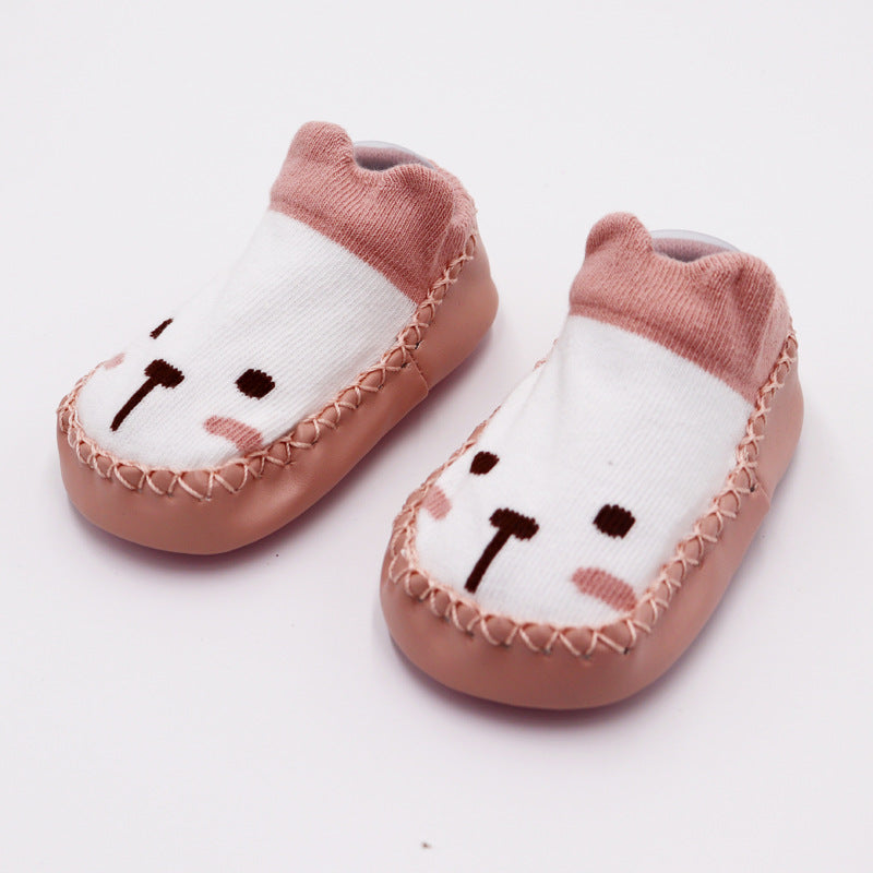 Baby-Mokassins mit Sockenschaft und Tiergesicht in Rosa