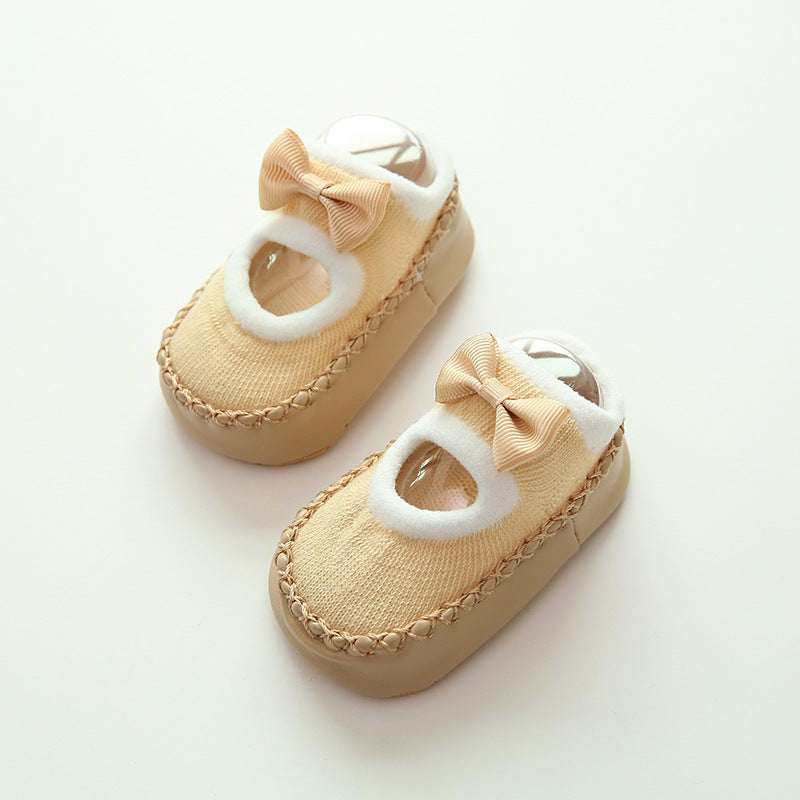 Baby-Schuhe mit Schleife und rutschhemmender Sohle in Beige