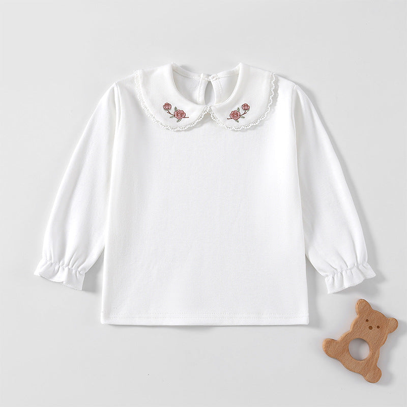 Weißes Langarmshirt mit Bubikragen und Rosen-Stickerei