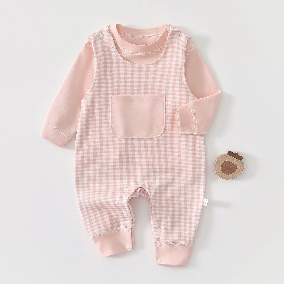Rosa karierter Baby-Strampler mit Brusttasche und Bündchen