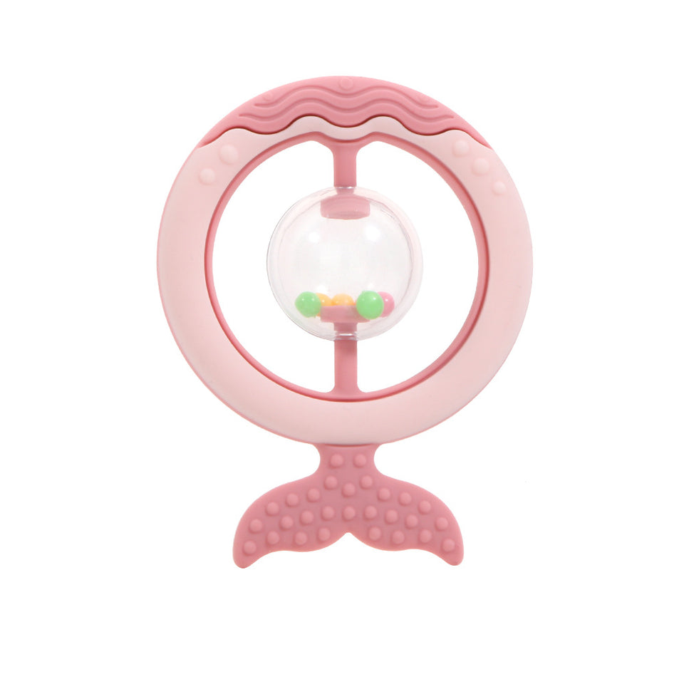 Ring-Rassel aus Silikon als Wal in Rosa mit Perlenkugel