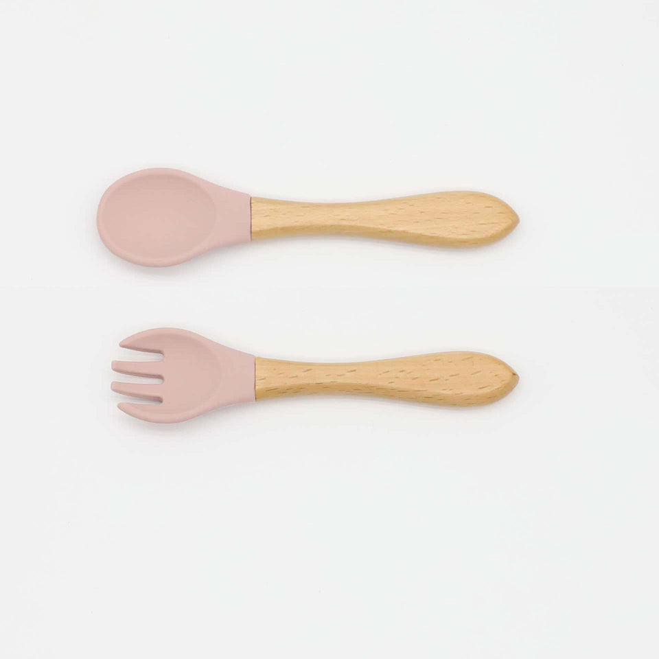Couverts de diversification en silicone à manche en bois, cuillère et fourchette