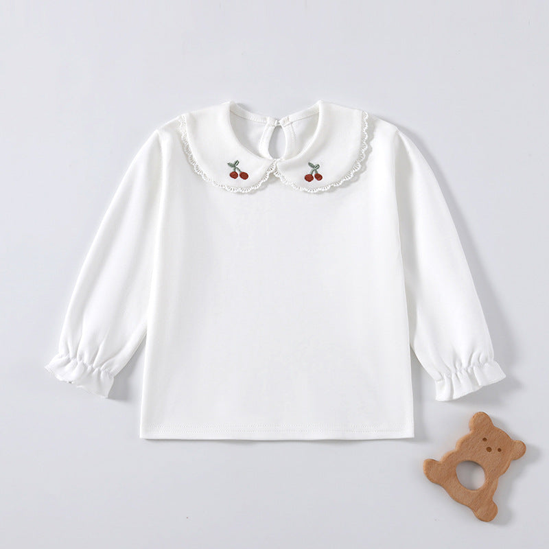 Weißes Langarmshirt mit Bubikragen und Kirsch-Stickerei