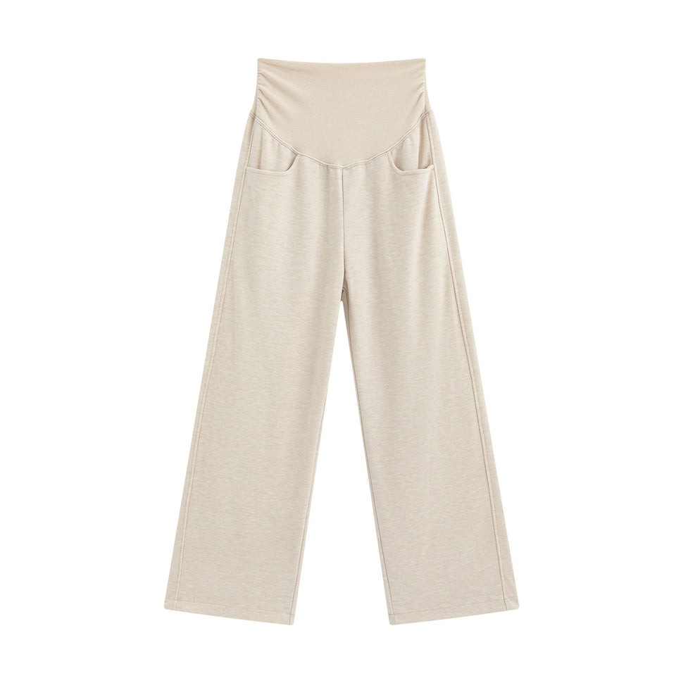 Beige weite Umstandshose mit geradem Bein, flach ausgelegt