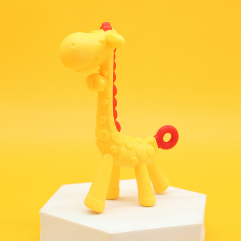 Giraffen-Beißring aus Silikon in Gelb mit rotem Ringschwanz