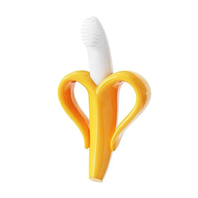 Bananen-Beißer aus Silikon in Gelb mit weißem Bürstenkopf