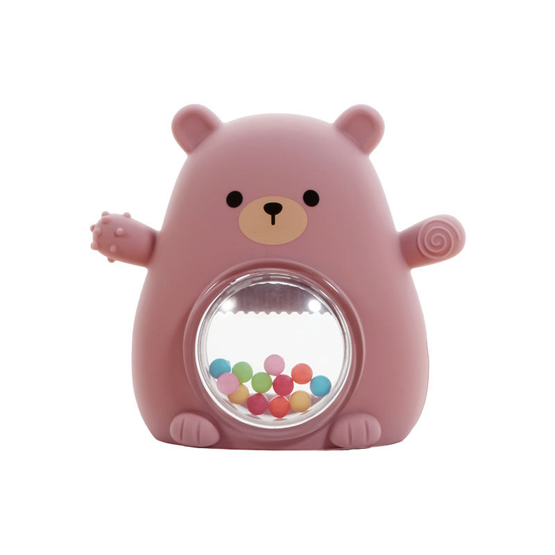 Bären-Rassel aus Silikon in Rosa mit Kugelfenster
