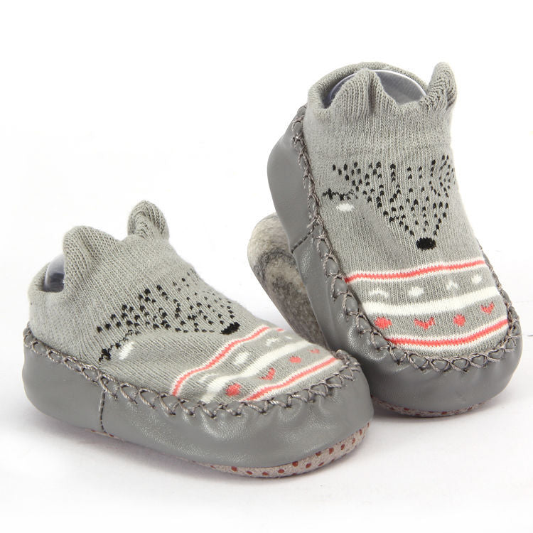 Krabbelschuhe mit Tiergesicht in Grau