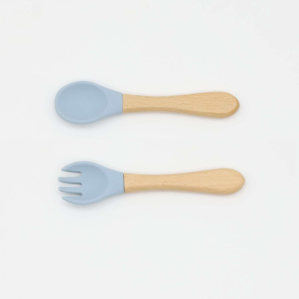 Couverts de diversification en silicone à manche en bois, cuillère et fourchette