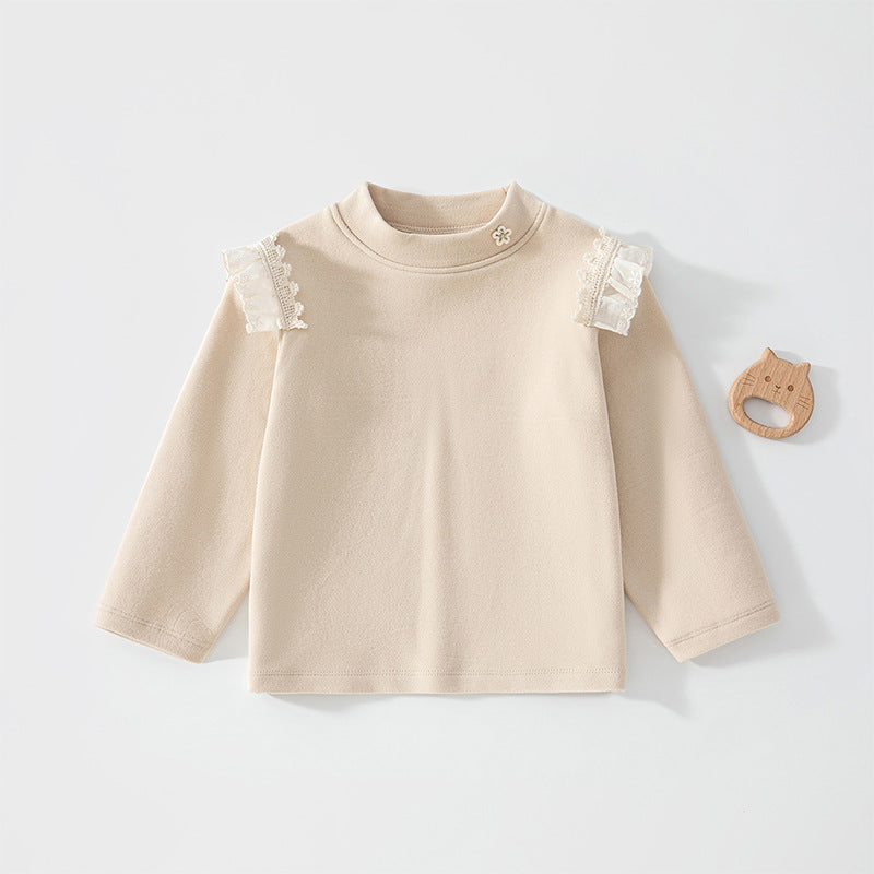 Beiges Baby-Langarmshirt mit Spitze an den Schultern