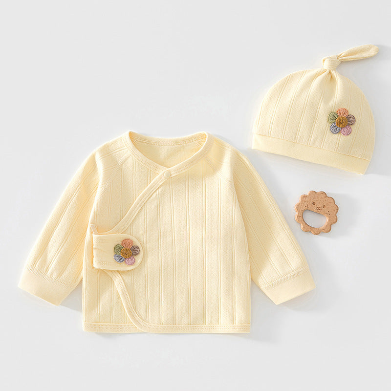 Gelbes Wickelshirt mit Mütze und Blüten-Applikation