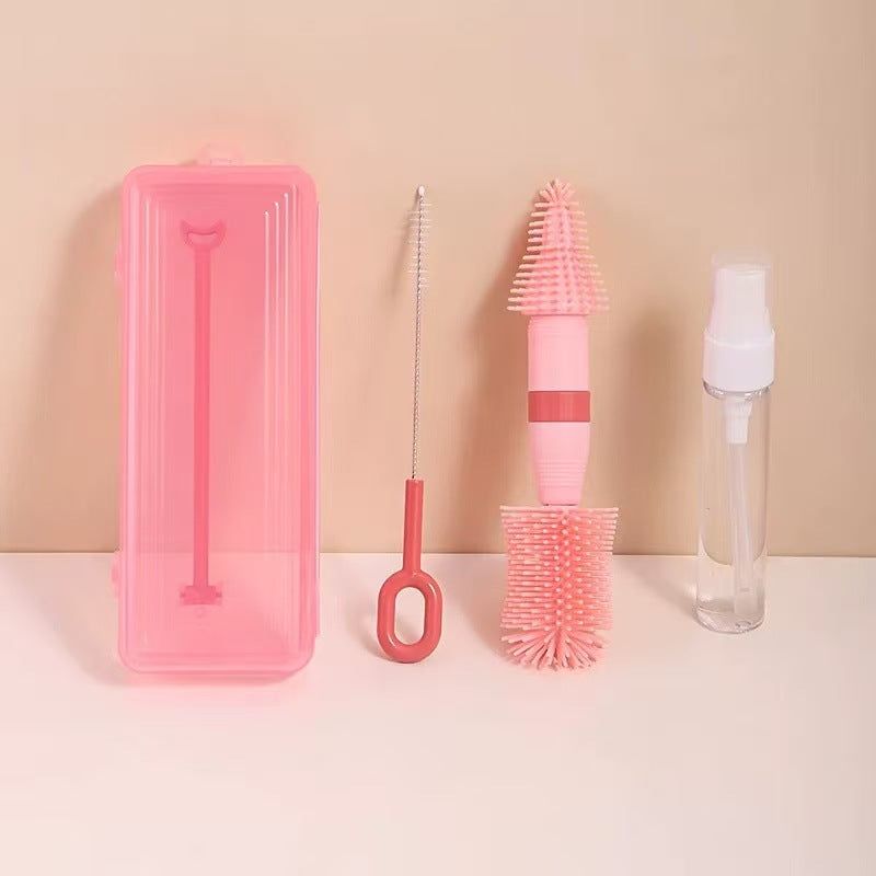 Flaschenbürste aus Silikon mit Box in Rosa, mit dünner Bürste und kleiner Pumpflasche