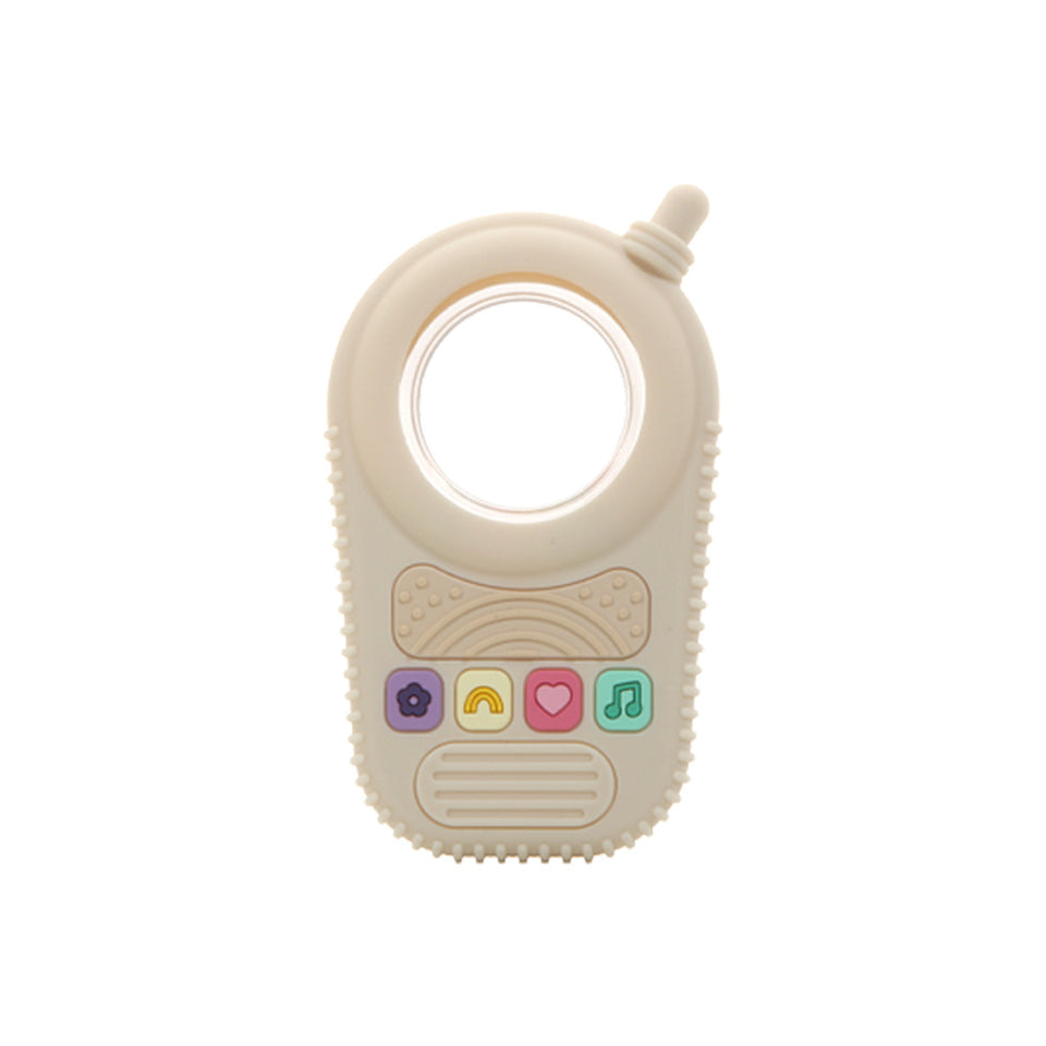 Telefon-Beißspielzeug aus Silikon in Creme mit Fenster und vier Tasten