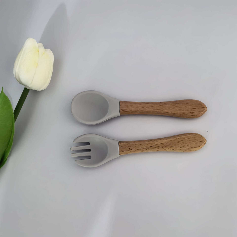 Couverts de diversification en silicone à manche en bois, cuillère et fourchette