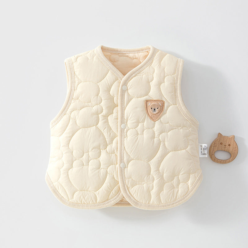Leichte gesteppte Baby-Weste mit Bärchen-Patch in Creme