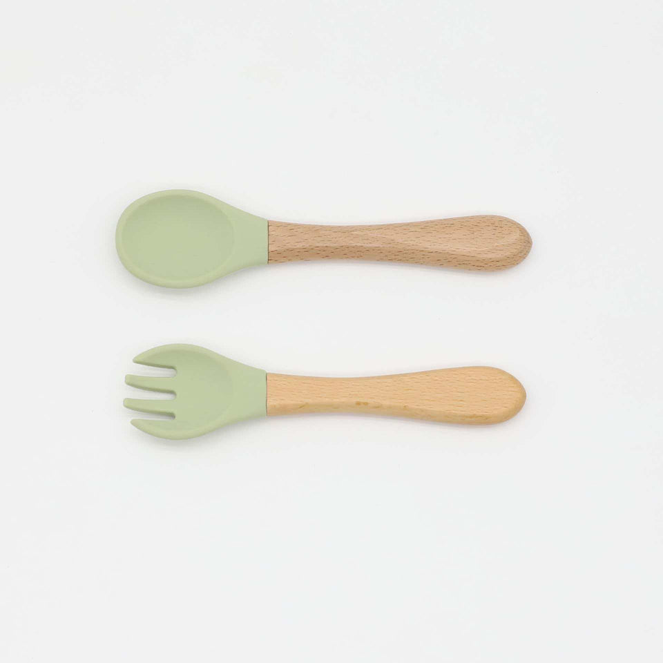 Couverts de diversification en silicone à manche en bois, cuillère et fourchette
