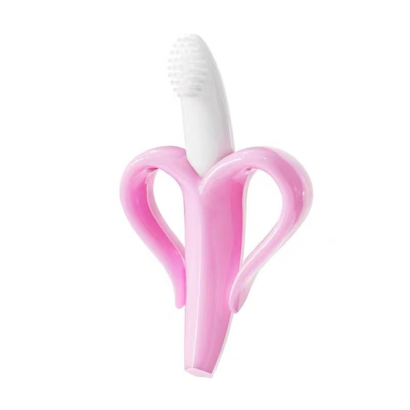 Bananen-Beißer aus Silikon in Rosa mit weißem Bürstenkopf