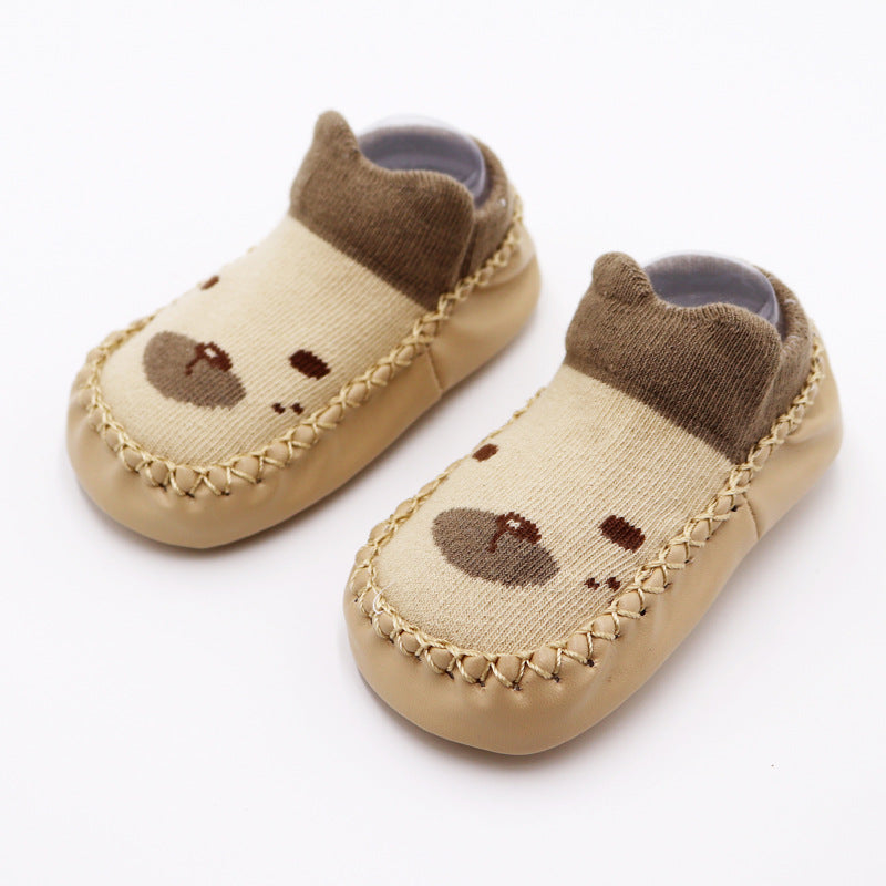 Baby-Mokassins mit Sockenschaft und Tiergesicht in Beige