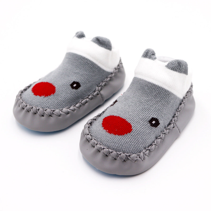 Baby-Mokassins mit Sockenschaft und Tiergesicht in Grau
