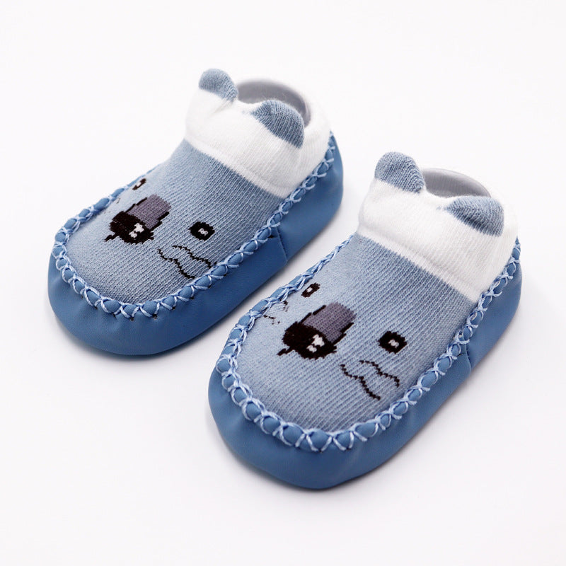 Baby-Mokassins mit Sockenschaft und Tiergesicht in Blau