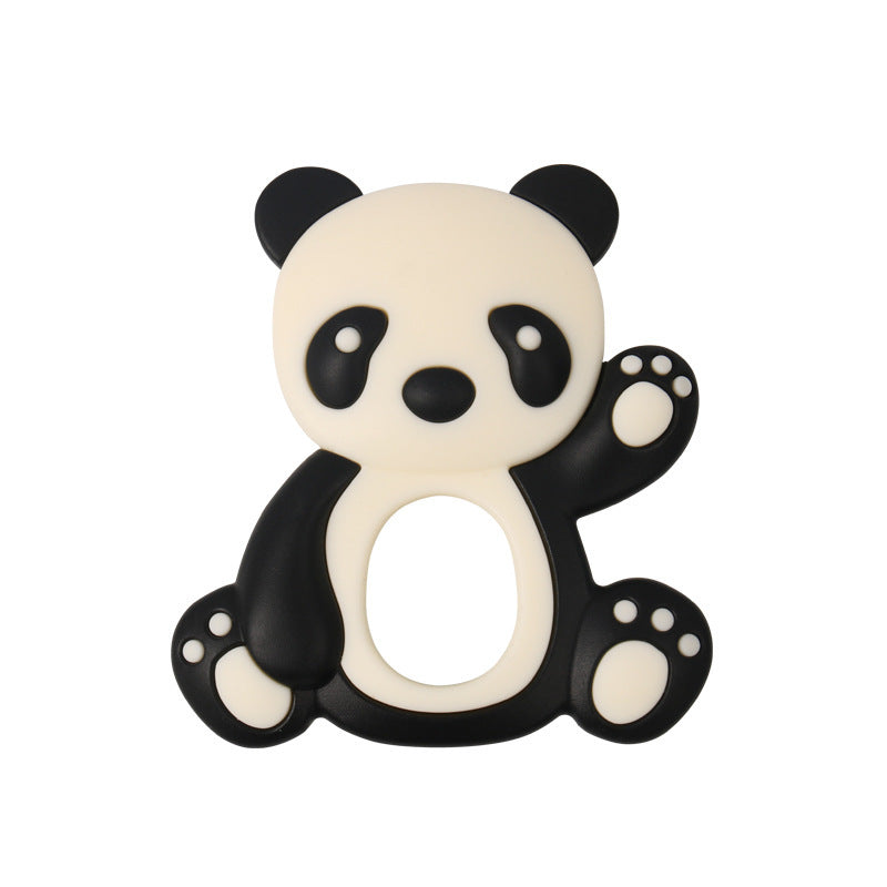 Panda-Beißring aus Silikon in Schwarz-Weiß mit erhobener Pfote