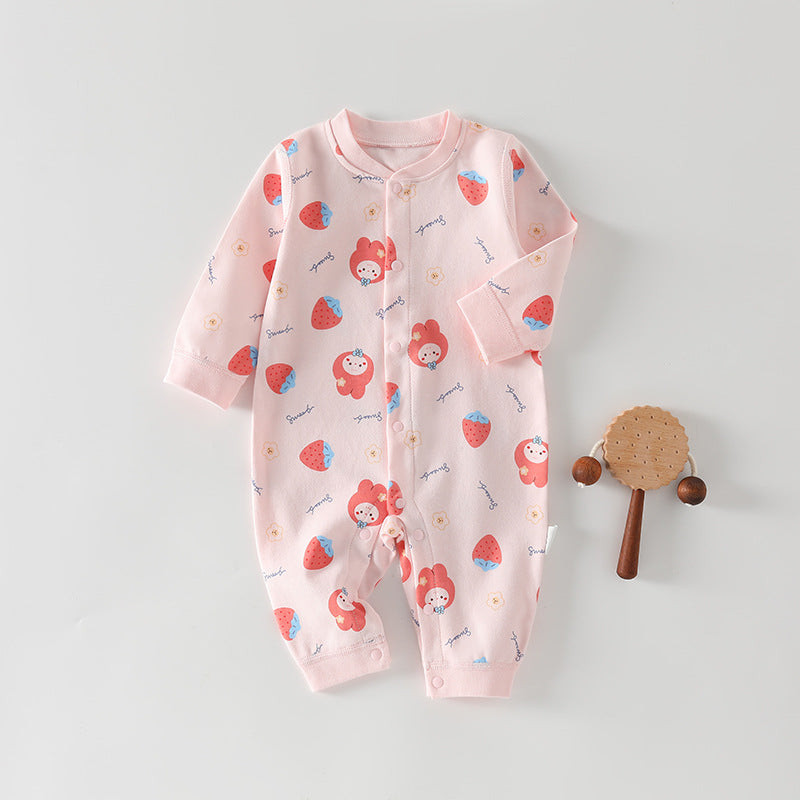 Rosa Baby-Strampler mit Erdbeermuster und Knopfleiste