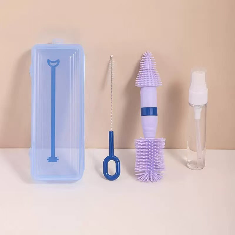 Flaschenbürste aus Silikon mit Box in Blau, mit dünner Bürste und kleiner Pumpflasche