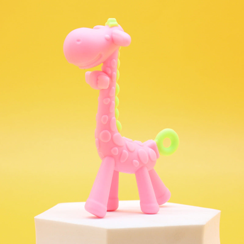 Giraffen-Beißring aus Silikon in Rosa mit grünem Ringschwanz