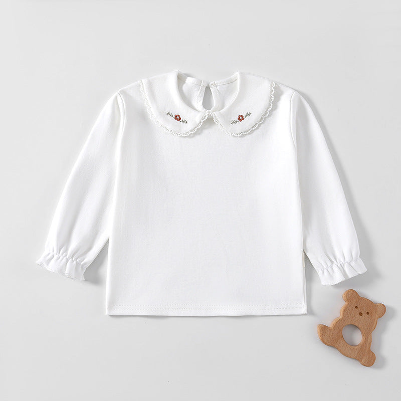 Weißes Langarmshirt mit Bubikragen und Blüten-Stickerei
