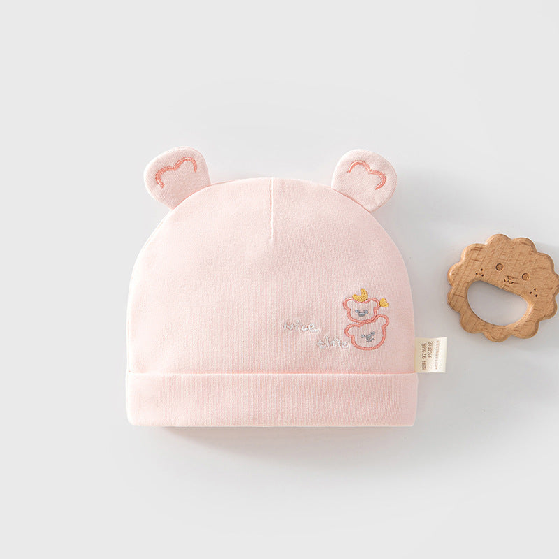 Neugeborenen-Mütze mit Öhrchen und Stickerei in Bär Rosa