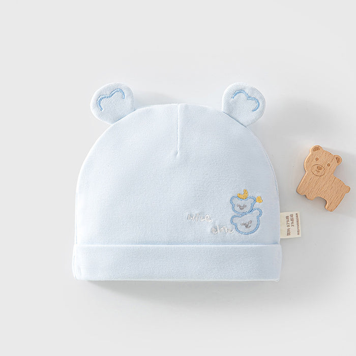 Neugeborenen-Mütze in Blau mit Bärenöhrchen und Stickerei