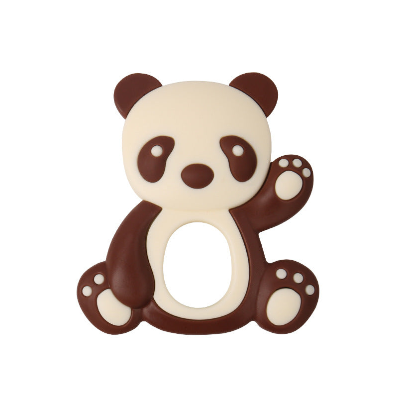 Panda-Beißring aus Silikon in Braun-Weiß mit erhobener Pfote