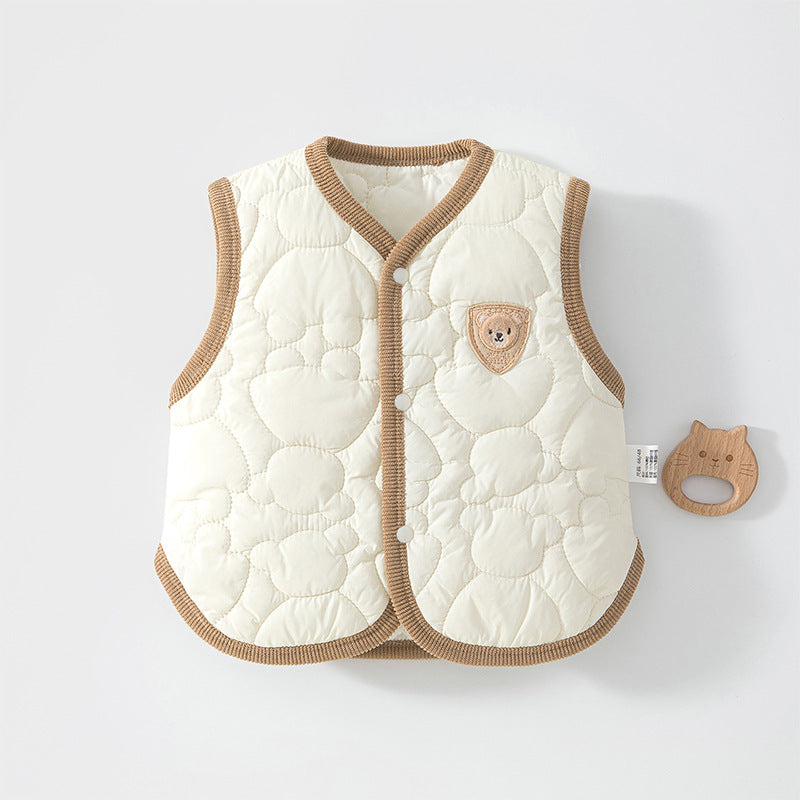 Leichte gesteppte Baby-Weste mit Bärchen-Patch in Weiß/Braun