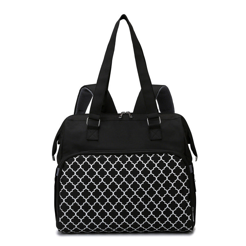 Schwarze Wickeltasche mit Gittermuster, Henkeln und Rucksackgurten
