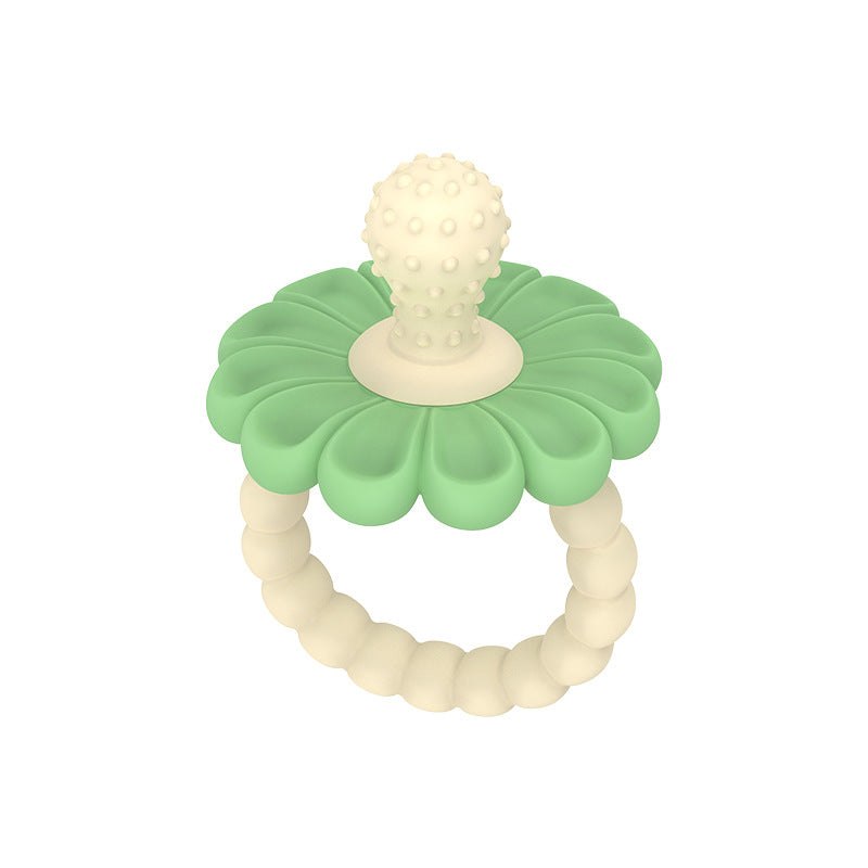 Blumen-Beißring aus Silikon in Grün mit Creme-Ring und Noppenkopf