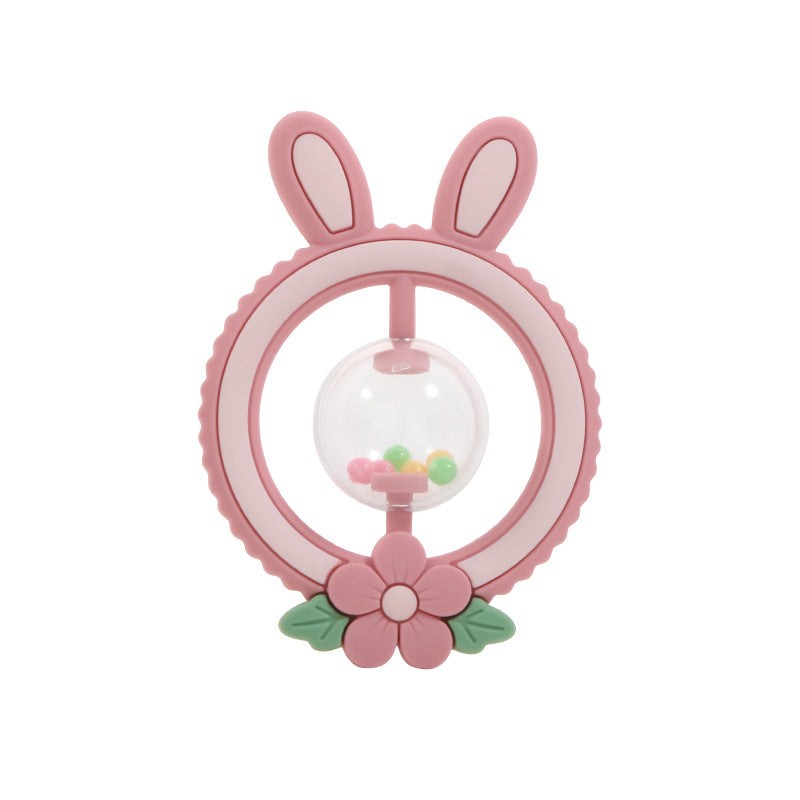 Ring-Rassel aus Silikon als Hase in Rosa mit Perlenkugel
