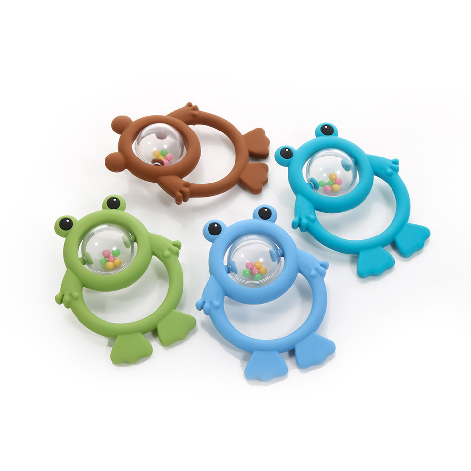 Vier Frosch-Rasseln aus Silikon in Braun, Blau, Grün und Hellblau