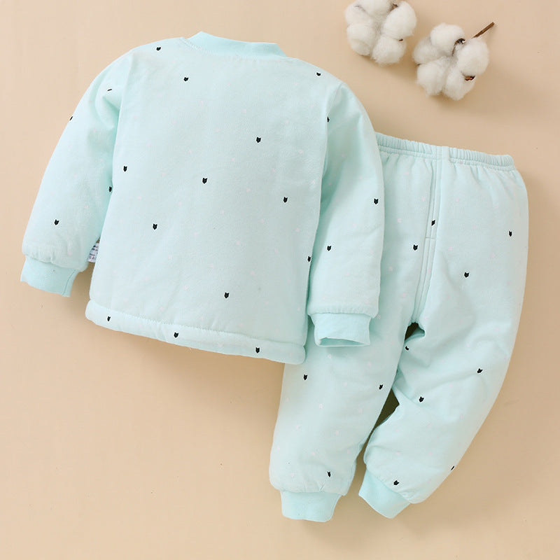 Gesteppte Baby-Jacke von hinten mit Hose in Mint