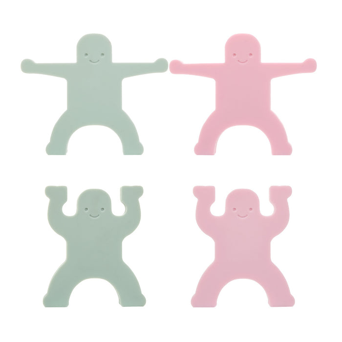Vier Stapelfiguren aus Silikon, zwei in Mint und zwei in Rosa, mit ausgestreckten und erhobenen Armen