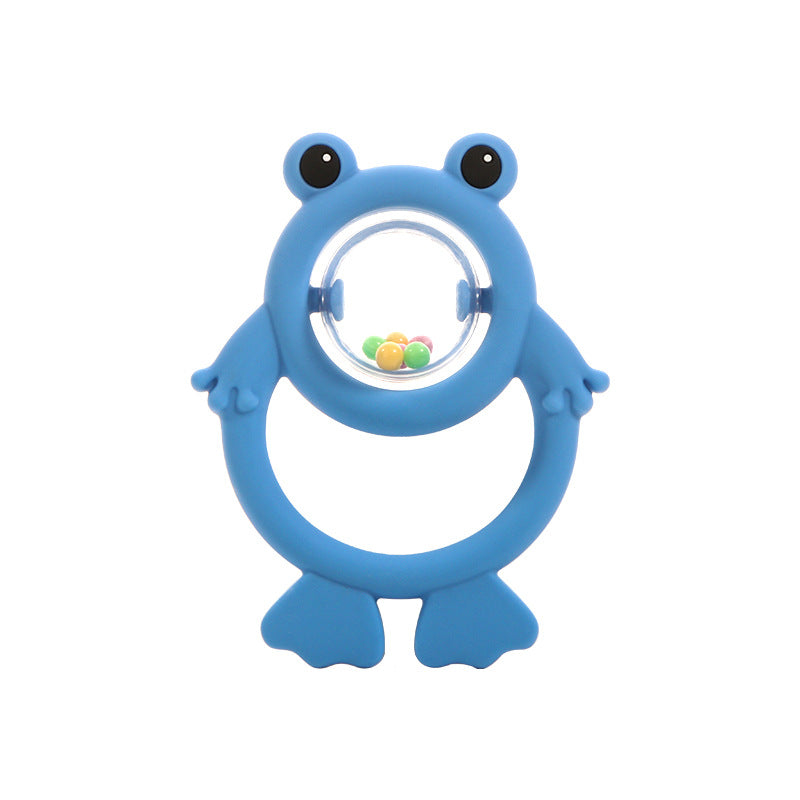 Frosch-Rassel aus Silikon in Blau mit Kugel im Bauch