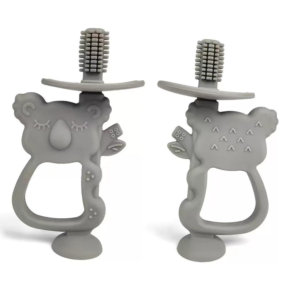 Koala-Beißer aus Silikon in Grau, Vorder- und Rückseite