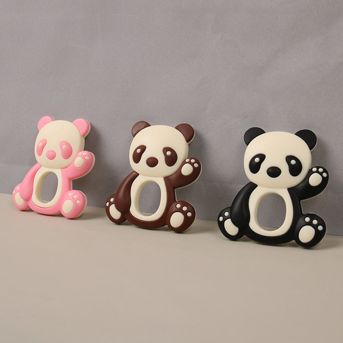 Drei Panda-Beißringe aus Silikon in Rosa, Braun und Schwarz nebeneinander