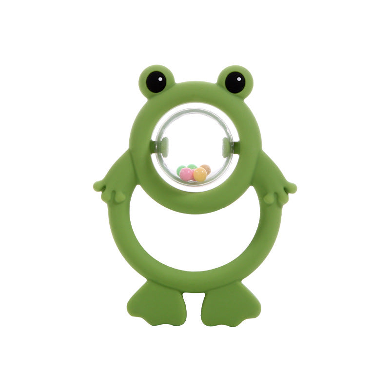 Frosch-Rassel aus Silikon in Grün mit Kugel im Bauch