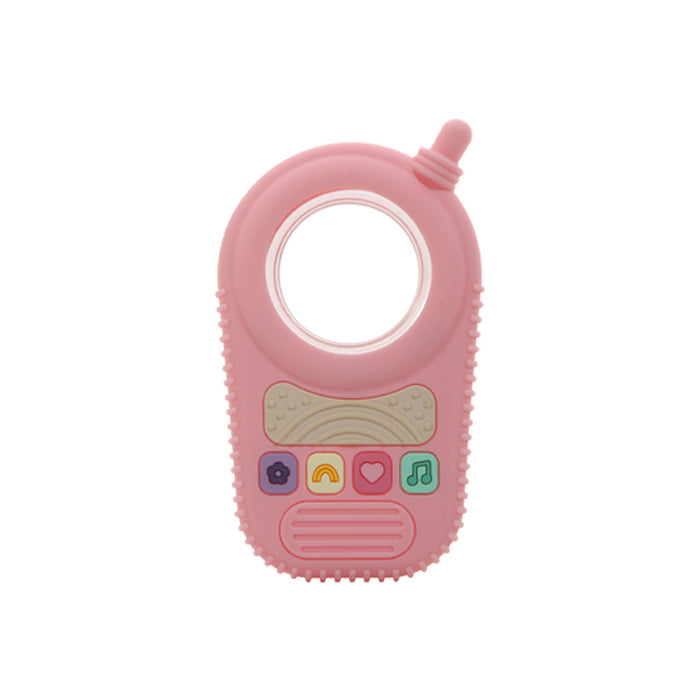 Telefon-Beißspielzeug aus Silikon in Rosa mit Fenster und vier Tasten