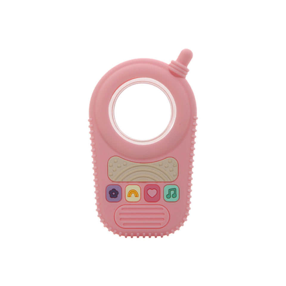 Telefon-Beißspielzeug aus Silikon in Rosa mit Fenster und vier Tasten