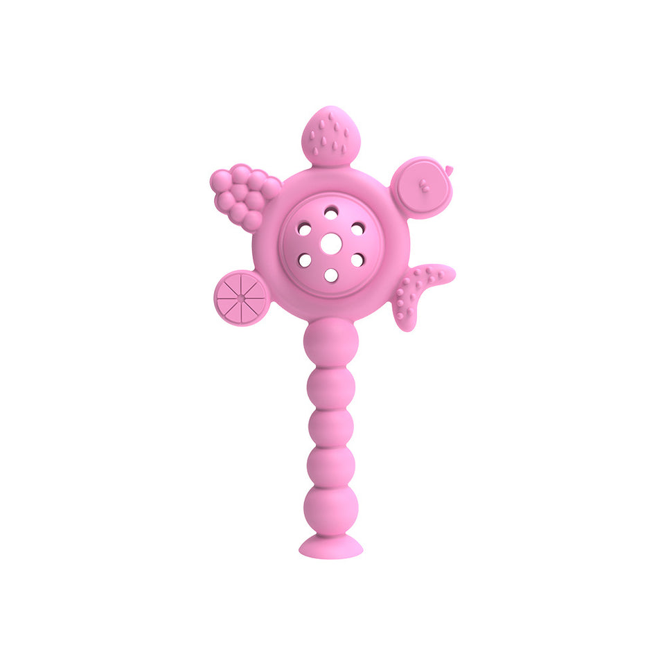 Rassel aus Silikon mit Perlengriff in Rosa