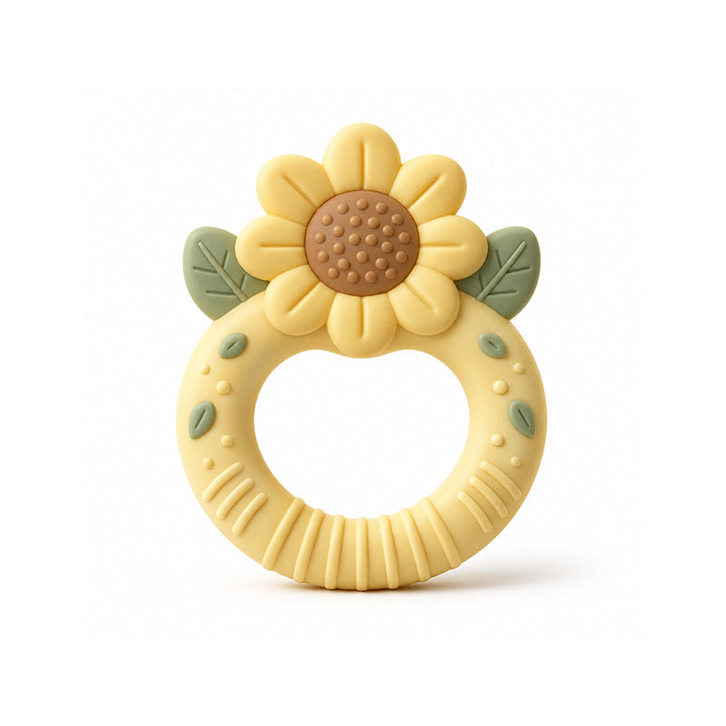 Sonnenblumen-Beißring aus Silikon in Gelb mit braunem Kern