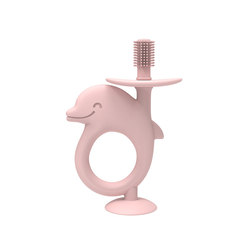 Delfin-Beißer aus Silikon in Rosa mit Bürstenkopf und Saugfuß