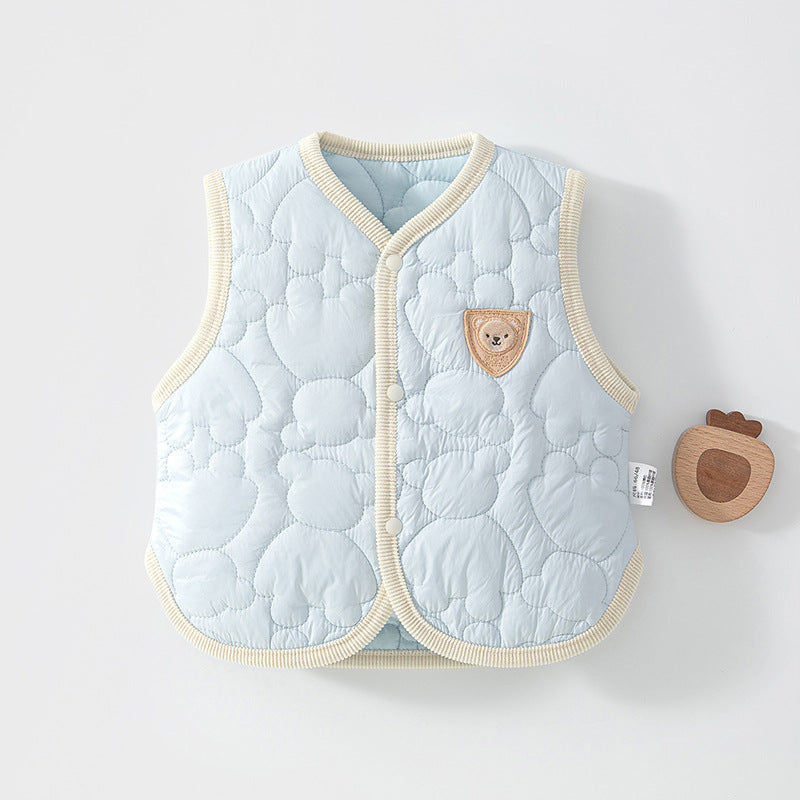 Leichte gesteppte Baby-Weste mit Bärchen-Patch in Hellblau